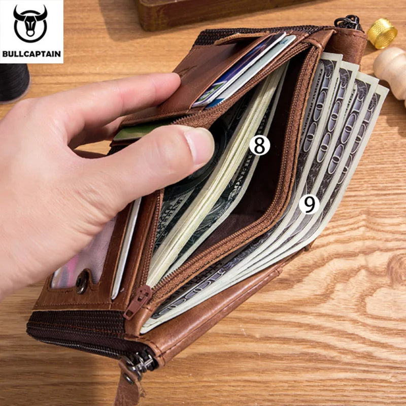 BULLCAPTAIN Vintage Fashion Men's Wallet Gift Leather Zipper Buckle Card Holder Coin Purse PORTFOLIO Portomonee Men's Wallet