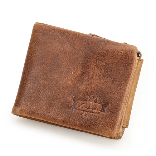 CONTACT'S Genuine Crazy Horse Leather Men Wallets Vintage Trifold Wallet Zip Coin Pocket Purse Cowhide Leather Wallet For Mens