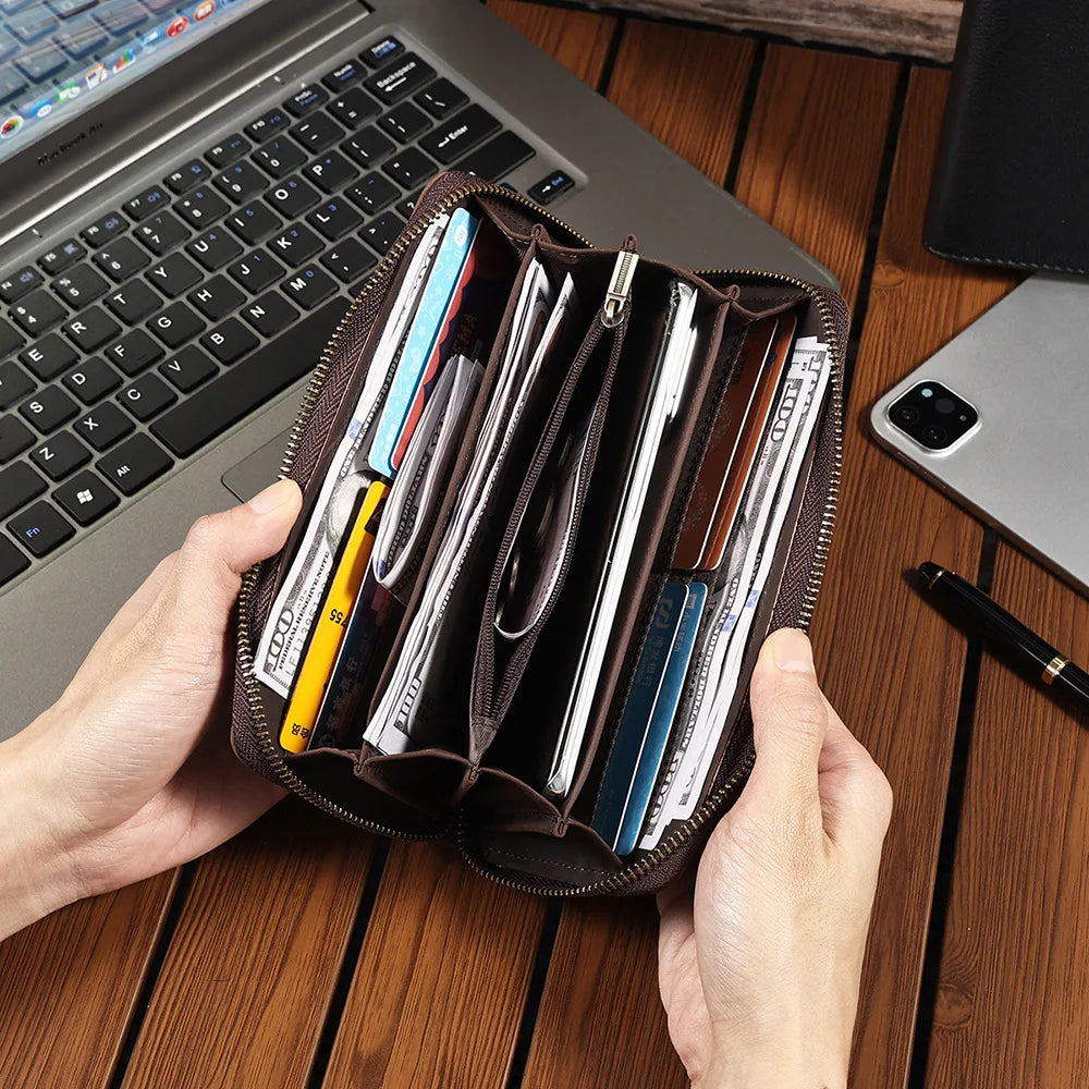 Leather Long Wallet Men's Large-capacity Zipper Clutch Bag Leather Retro Style Men's Wallet Card Bag