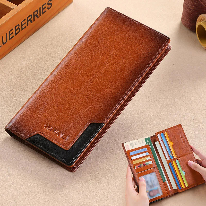 Wallet Men's Genuine Leather New Wallet Long Card Bag Storage Silver Foreskin Clip Hand-Held Bag Gift